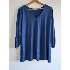 Susan Graver Top Women's Size XL V Neck 3/4 Sleeve Cinched Blue Pullover Blouse